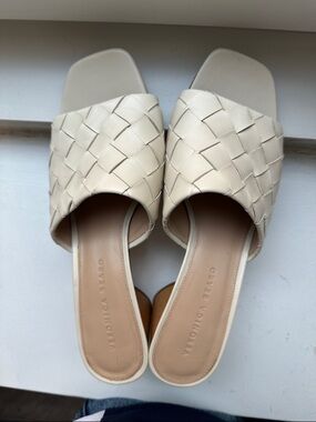 Veronica Beard Womens Kiele White Leather Woven Slip On Heels Shoes Mules Sz 9